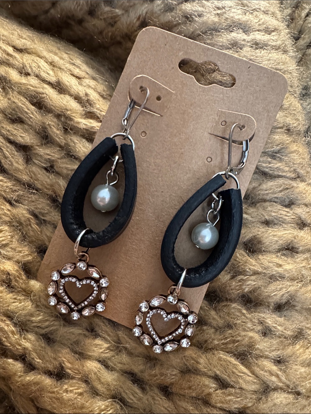 Handmade Black Genuine Leather Teardrop Heart Dangle Earrings with Pearl Accent